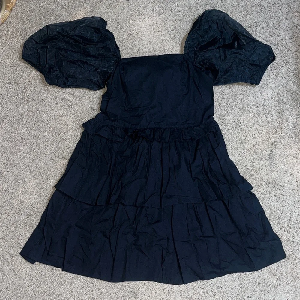CLEOBELLA Soledad Organza Puff Sleeve & Bow Square Neck Tiered Mini Dress Black - Picture 2 of 8
